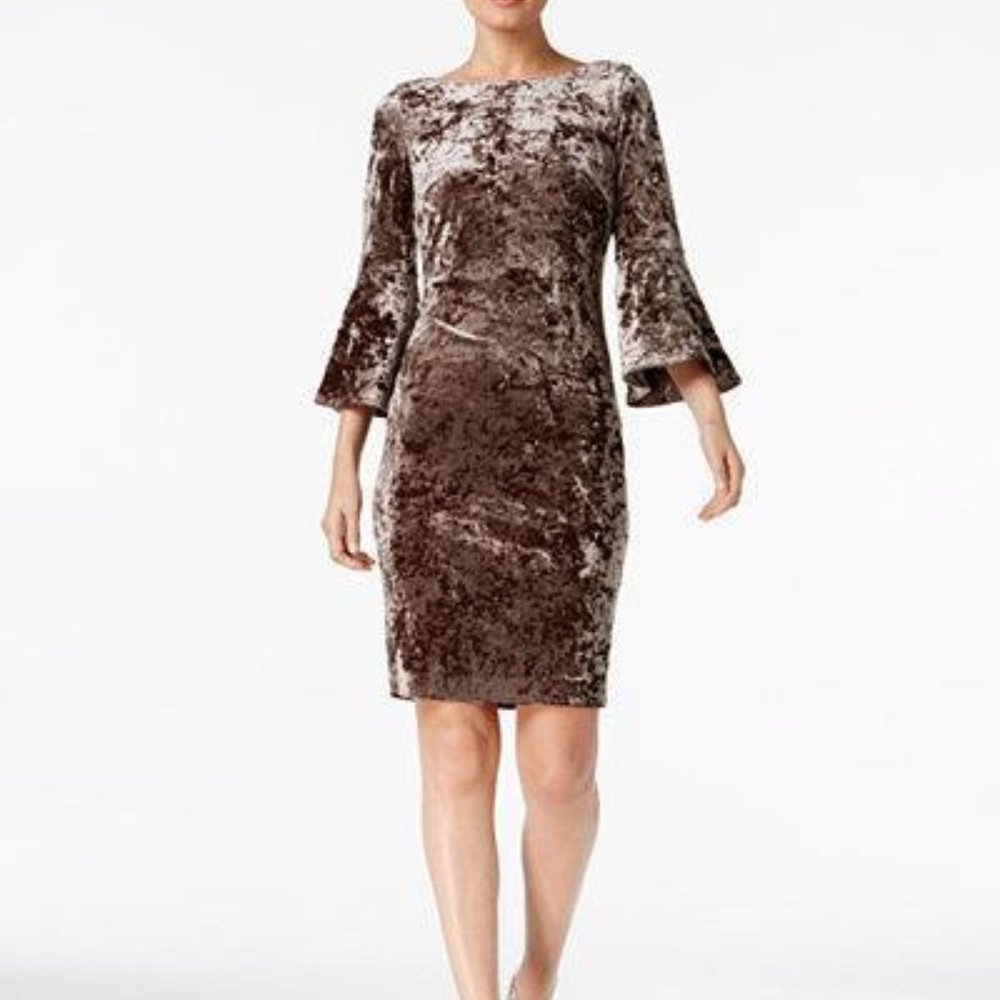 CALVIN KLEIN MS SIZE 10 TAUPE BROWN CRUSHED VELVET BELL SLEEVES SHEATH DRESS